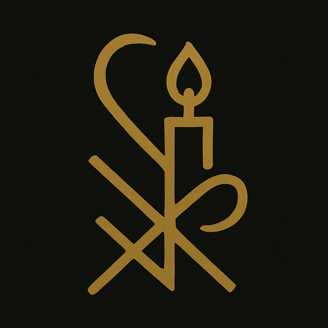 A golden sigil for “Guide to Prosperity Candle Spells,” featuring abstract intertwined lines forming a candle and flame on a deep black background.