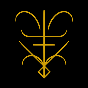 Golden sigil for Luciferianism vs Satanism - Understanding the Differences and Similarities, featuring a central vertical line flanked by mirrored sweeping arcs, intersecting horizontal lines, and a diamond shape at the base, on a black background.