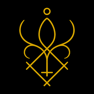 Golden sigil for Satanic Rituals for Beginners - Getting Started with Devilish Magick, featuring a central pointed oval surrounded by symmetrical looping arcs, intersecting lines forming a base cross, and a small circle above, on a black background.