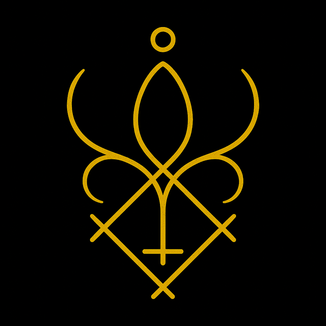 Golden sigil for Satanic Rituals for Beginners - Getting Started with Devilish Magick, featuring a central pointed oval surrounded by symmetrical looping arcs, intersecting lines forming a base cross, and a small circle above, on a black background.
