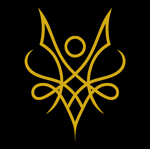 A golden sigil for “Satanic Rituals: Myth and Reality of Satanic Ceremonies,” featuring interwoven loops, sharp upward and downward points, and a central circular void, all set against a #0d0d0d background.