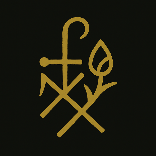 A golden sigil for “Spell of Dark Love — BLOOD & ROSES Ritual Kit,” featuring entwined lines forming a rose-like emblem on a black background.