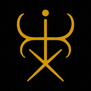 Golden sigil for Theistic vs Atheistic Satanism - Two Forms of the Devils Path, with a central vertical stem topped by a small circle, flanked by sweeping upward curves, intersecting a crossbar, and ending in a sharp X base on a black background.