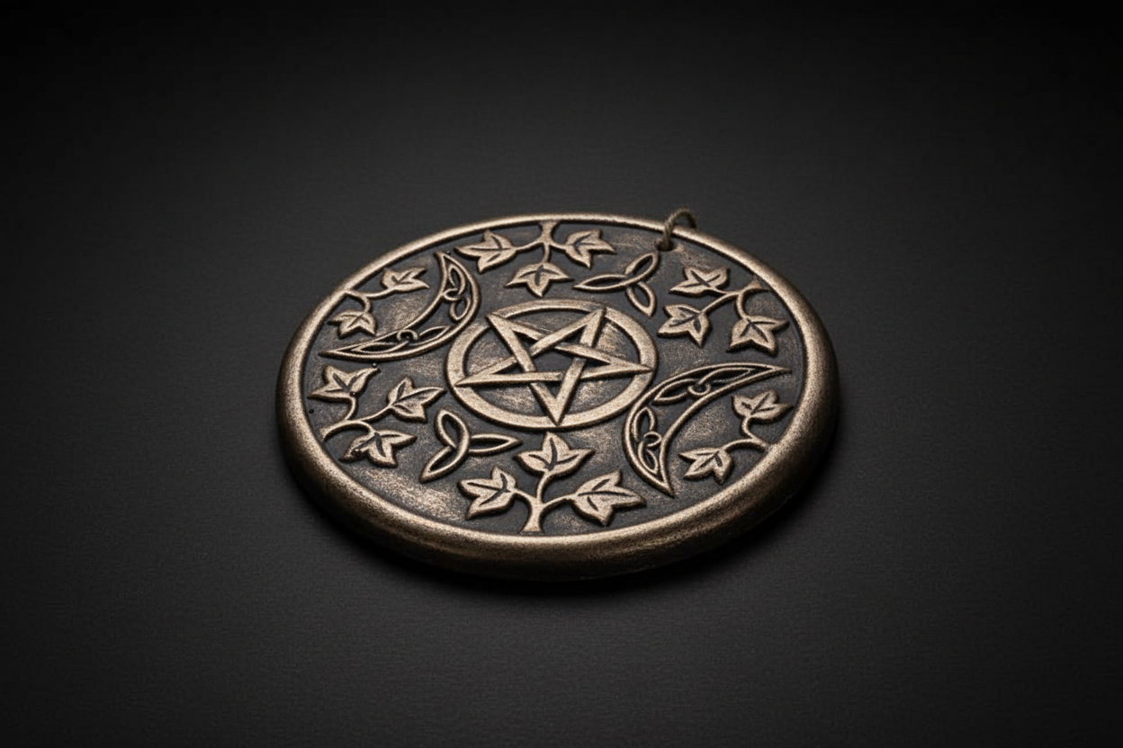 Terracotta wall plaque with pentacle, triple moon symbols, and vine detailing for altar and ritual display. Wall Hanging Picture.
