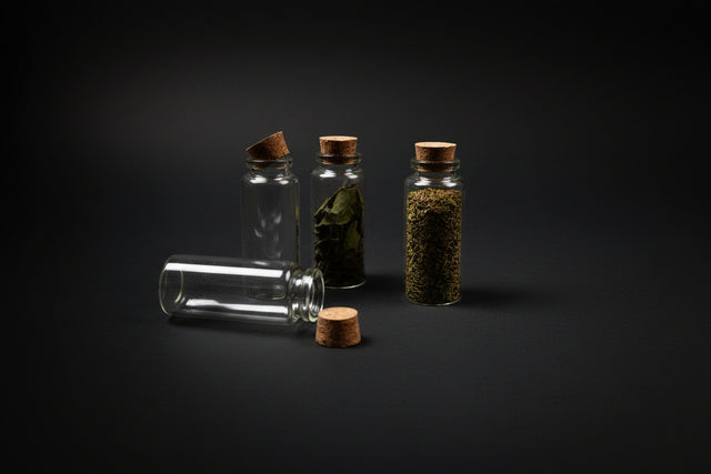 Three small glass bottles with cork lids containing herbs on a dark surface, with a smoldering sage bundle in the background.