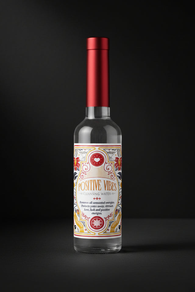 Two bottles of 'Positive Vibes' water with colorful labels on a black background