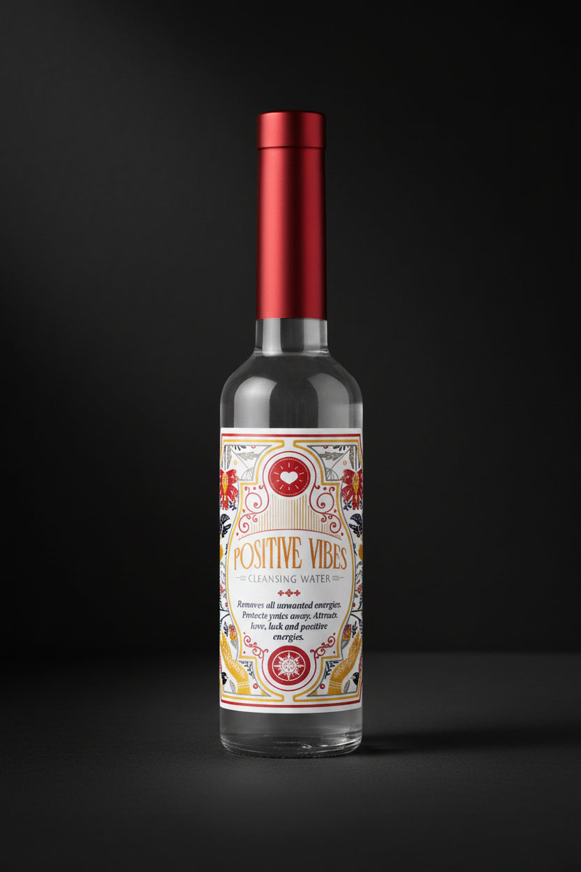 Two bottles of 'Positive Vibes' water with colorful labels on a black background