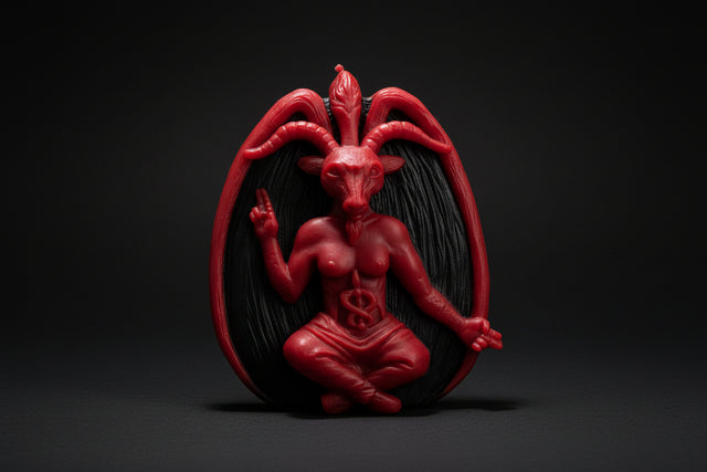 Red demon-like figure with horns on a black background