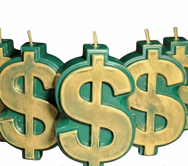 Gold dollar sign candles with green bases on a black background