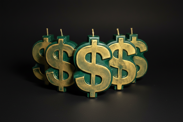 Gold dollar sign candles with green bases on a black background