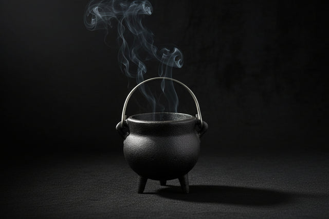 Small black cauldron with smoke on a wooden surface