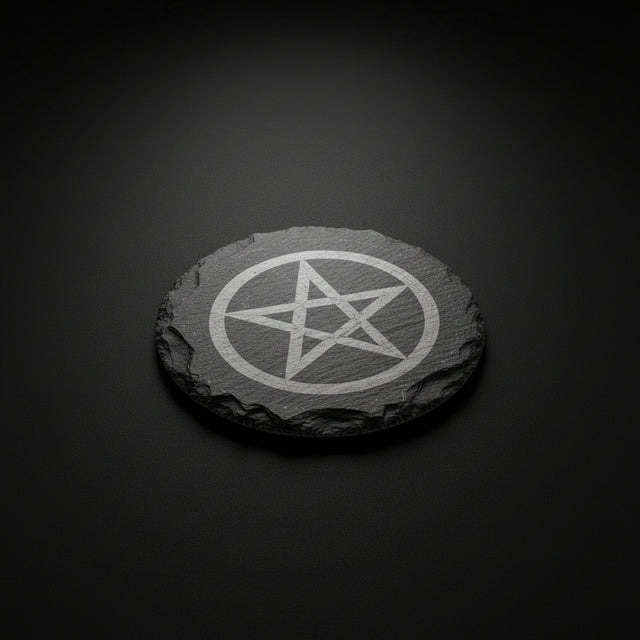 Black altar tile with pentagram design on a black surface
