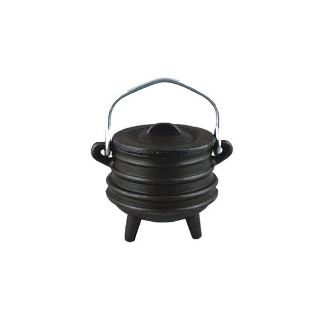 Black cast iron potjie pot on a white background