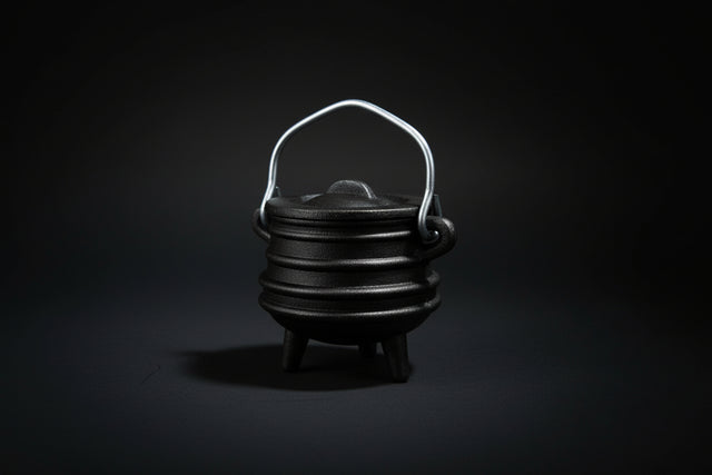Black cast iron potjie pot on a white background