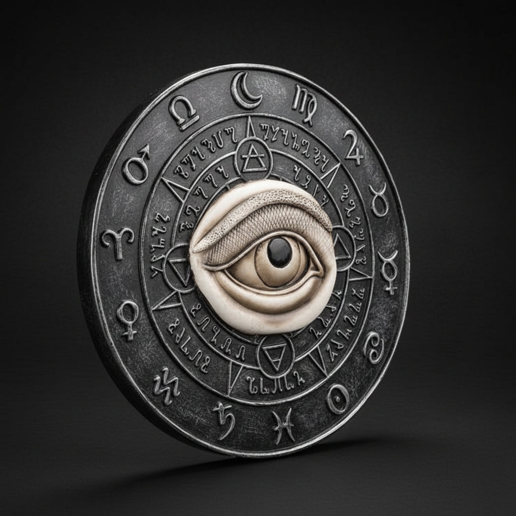 Circular eye wall plaque with symbolic zodiac-style markings in cold cast resin for altar decor and protection symbolism.