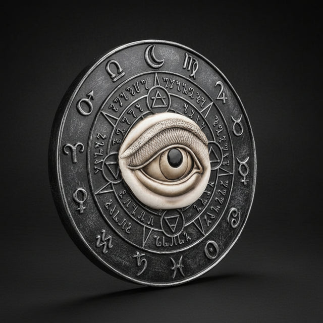 Circular eye wall plaque with symbolic zodiac-style markings in cold cast resin for altar decor and protection symbolism.