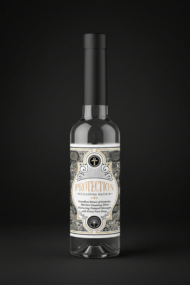 Two bottles of 'Protection' cleansing water with decorative labels on a black background