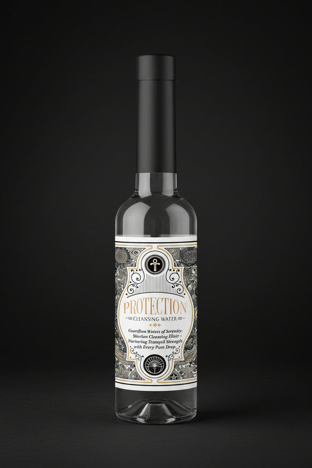 Two bottles of 'Protection' cleansing water with decorative labels on a black background