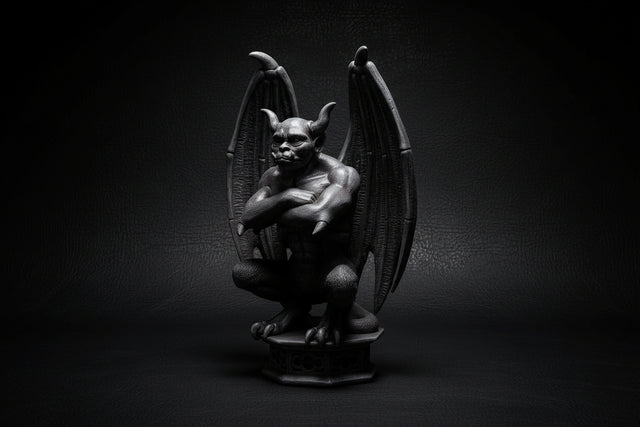 Statue of a gargoyle with wings on a black background