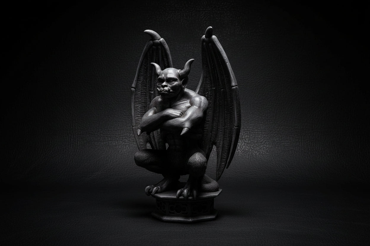 Statue of a gargoyle with wings on a black background