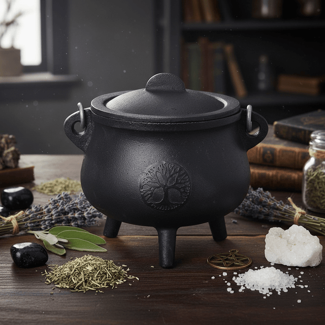 Black cauldron on a wooden surface with herbs and spices around it.