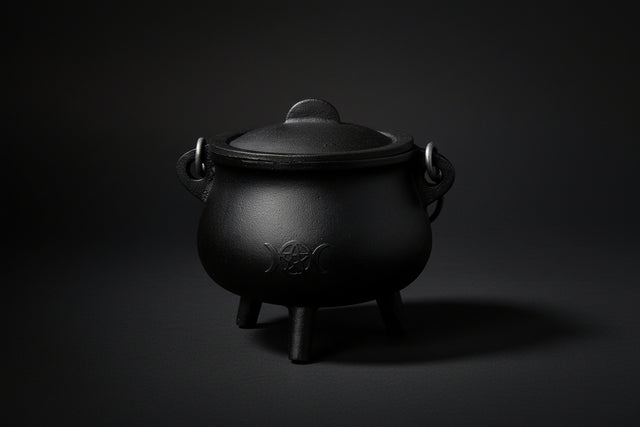Black cauldron with a lid on a white background