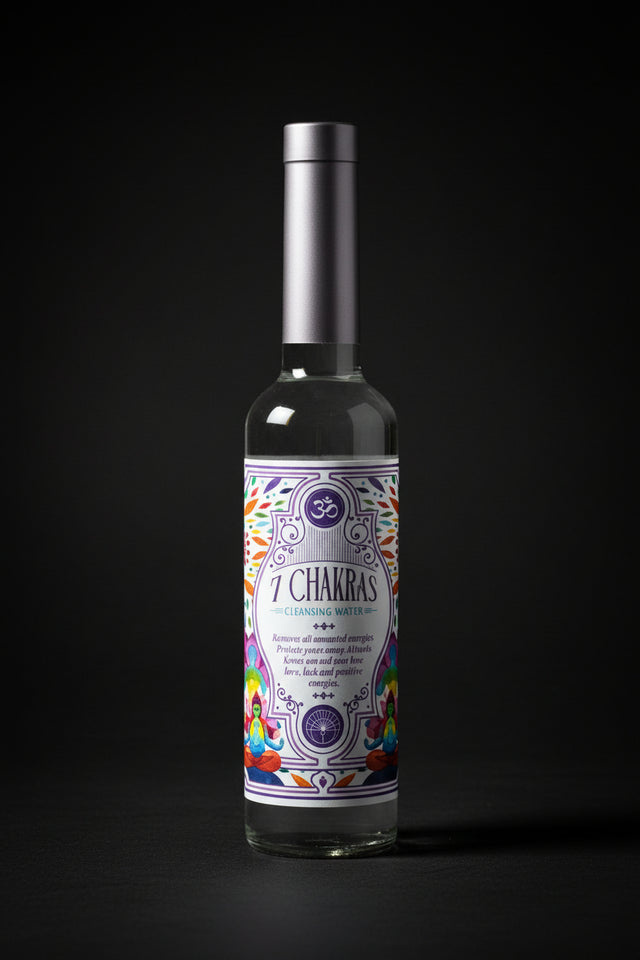 One bottle of 7 Chakras cleansing water with colorful label on a black background