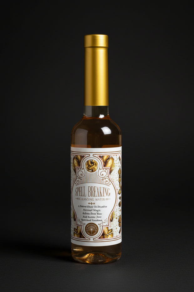 Two bottles of Spell Breaking cleansing water with gold caps on a black background