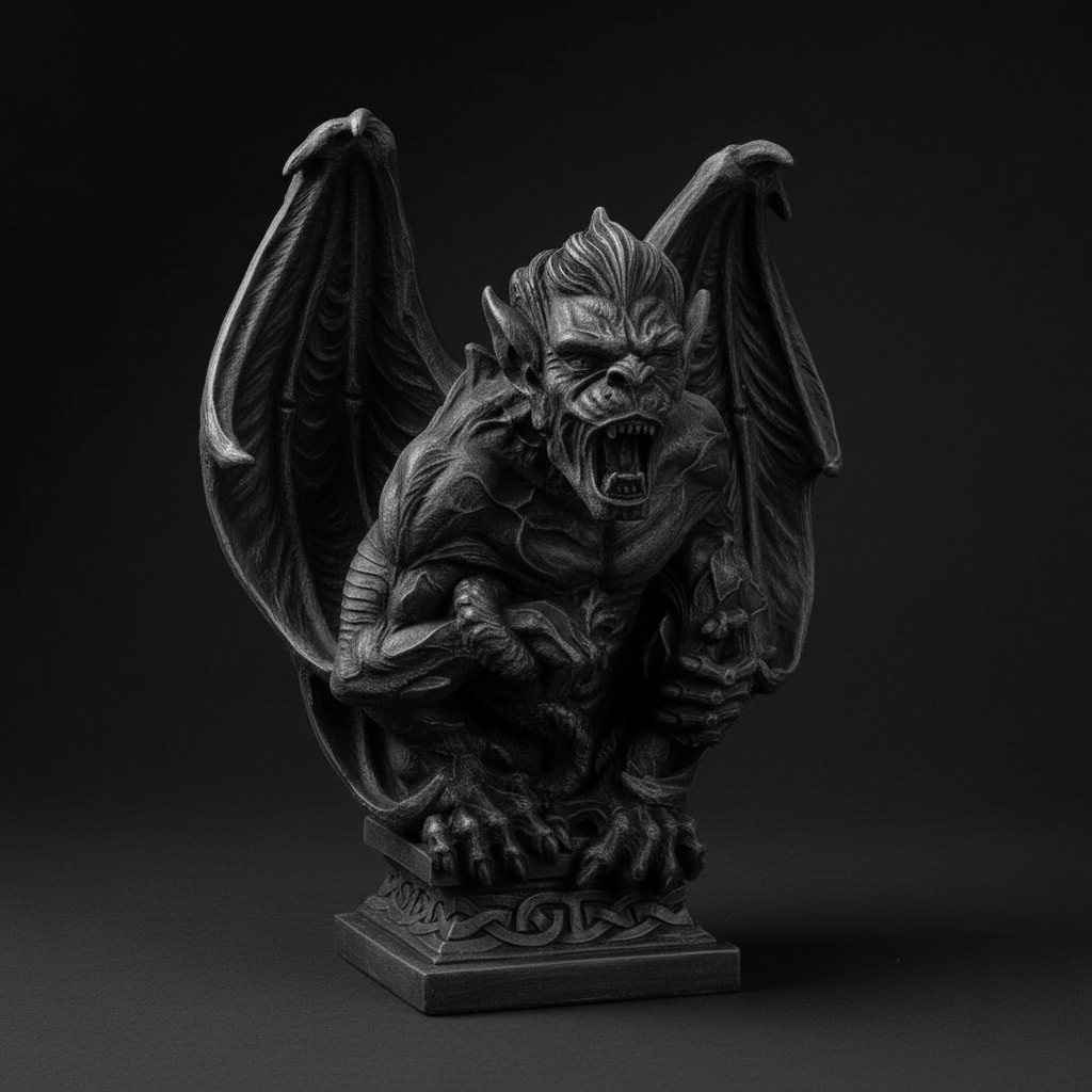 Front view of a winged gargoyle statue with raised wings