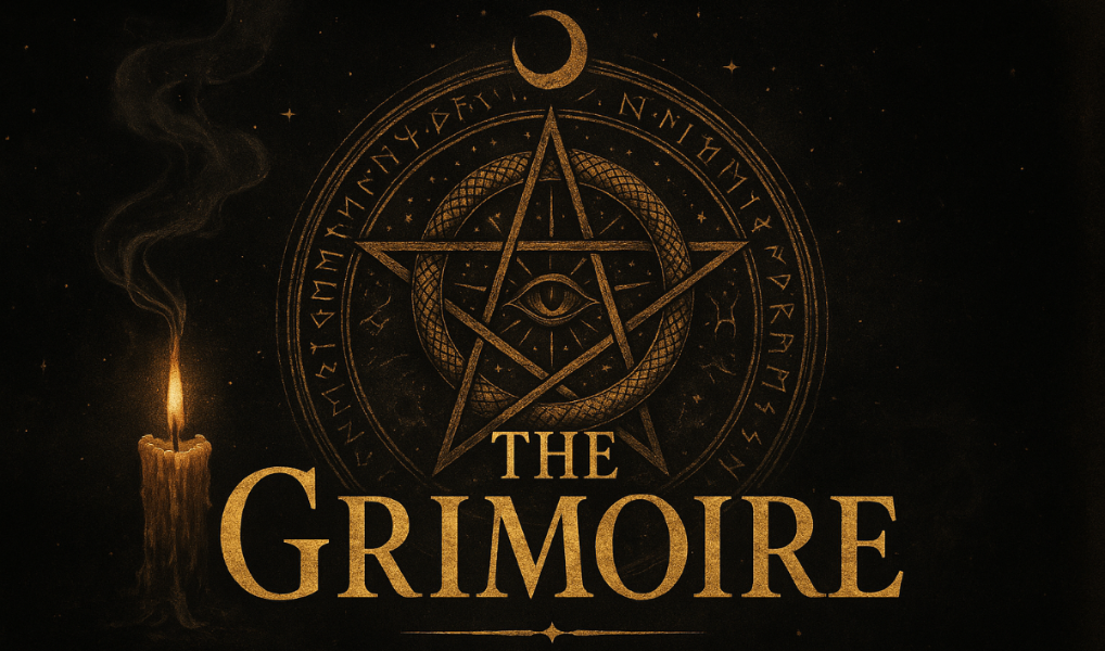 Decorative logo for 'The Grimoire' with mystical symbols and a candle on a dark background.