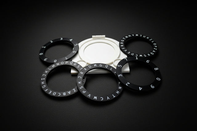 Black rings with letters and numbers on a white background