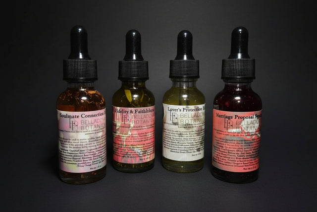 Sacred Union Set with four ritual oil bottles for relationship, commitment, and protection-focused ritual practice.