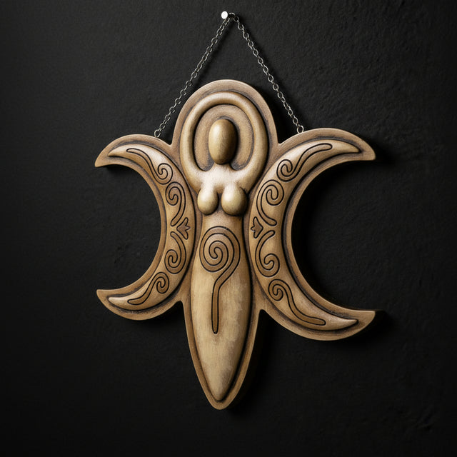 Goddess wall plaque with triple moon design in cold cast resin hanging by chain for altar or ritual decor.
