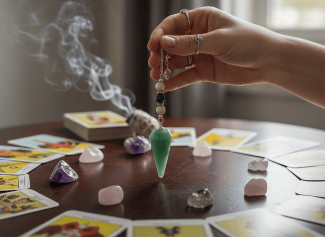 woman using an amazonite pendulum on a table with crystals and tarot cards.