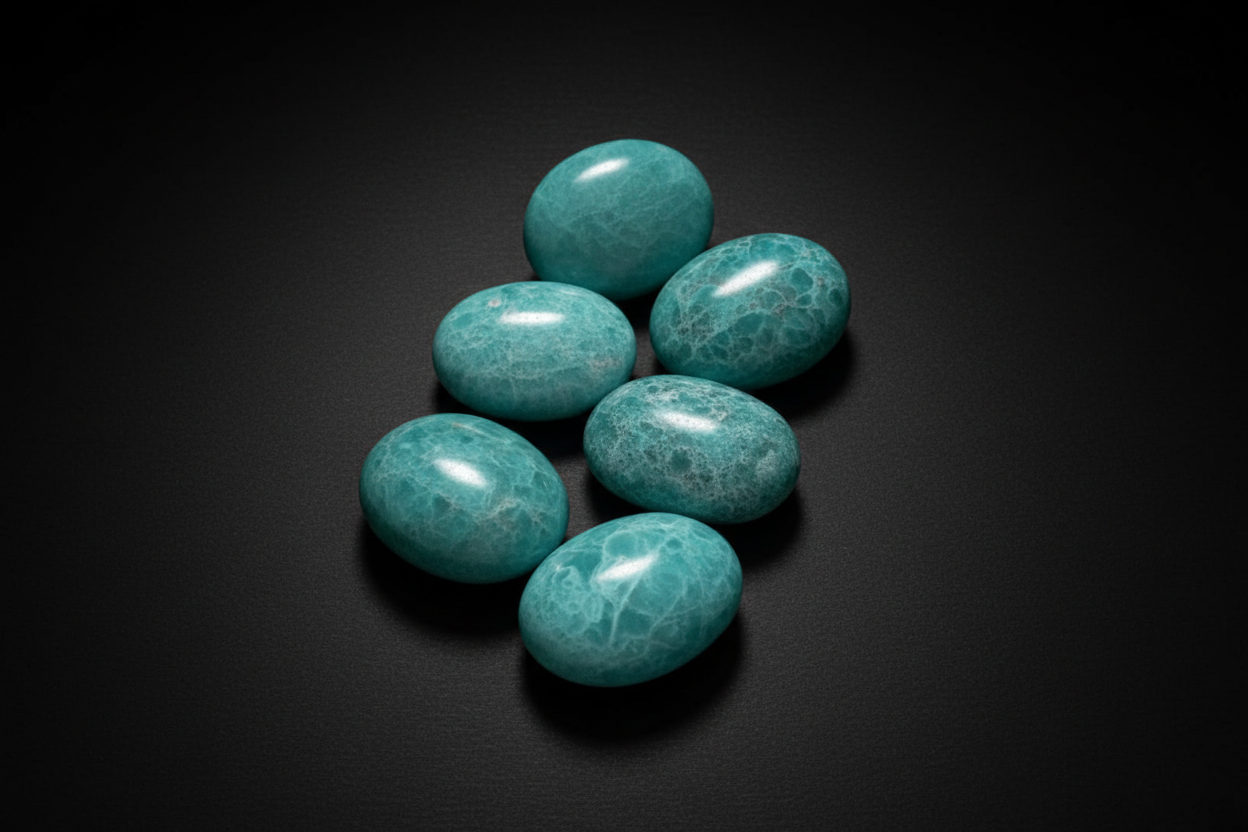 Polished blue-green amazonite palm stone with pale natural veining