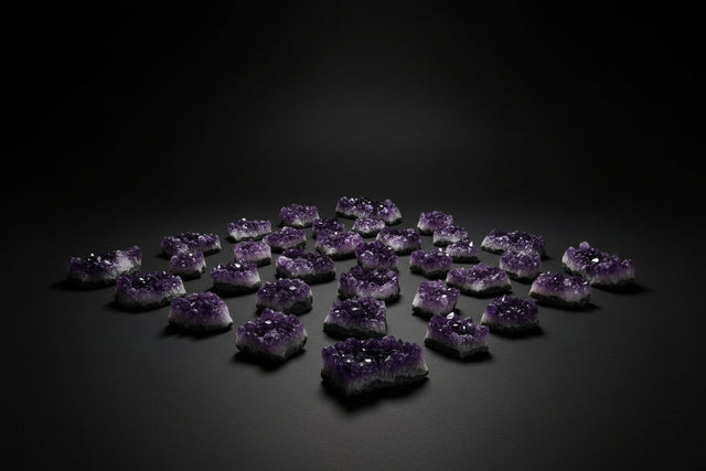 Box of amethyst crystals with a large amethyst geode on top