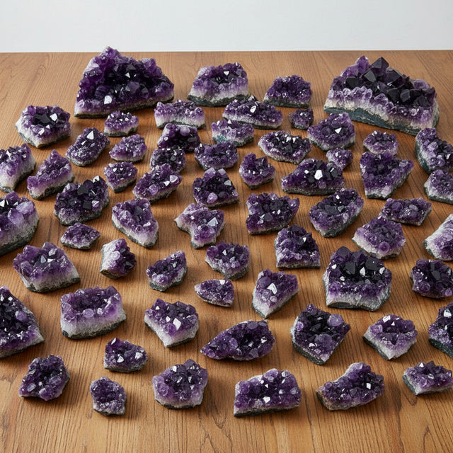 Box of amethyst crystals with a large amethyst geode on top