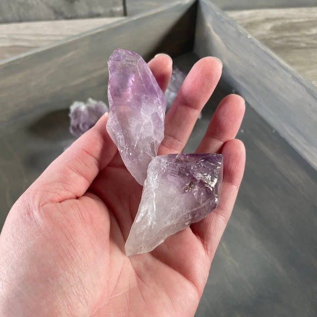 Hand holding two purple crystal rocks with a blurred background