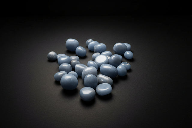 Blue stones on a wooden surface