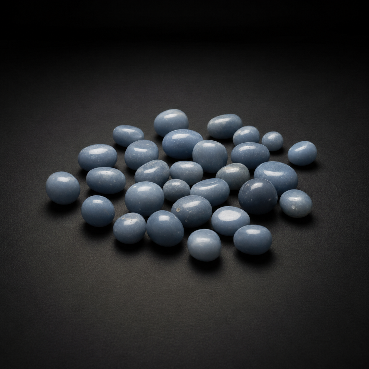 Polished pale blue Angelite tumbled stones arranged on a matte black surface