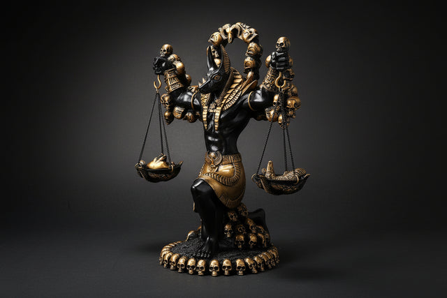 Decorative statue of a figure with a headdress, holding scales, on a white background