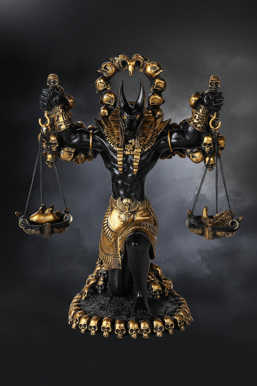 Statue of a deity with scales and skulls on a dark background