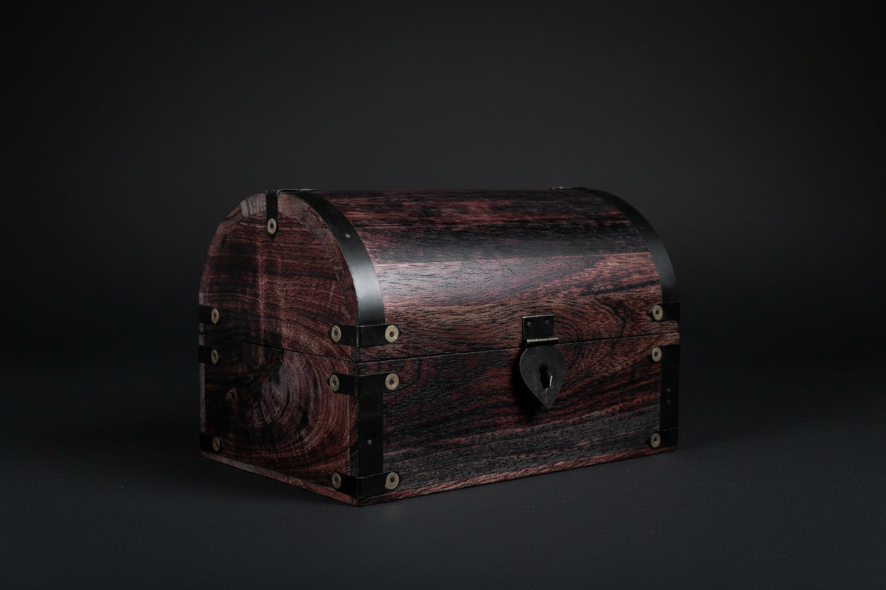 Wooden treasure chest with dimensions on a white background