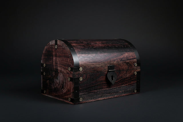 Wooden treasure chest with dimensions on a white background