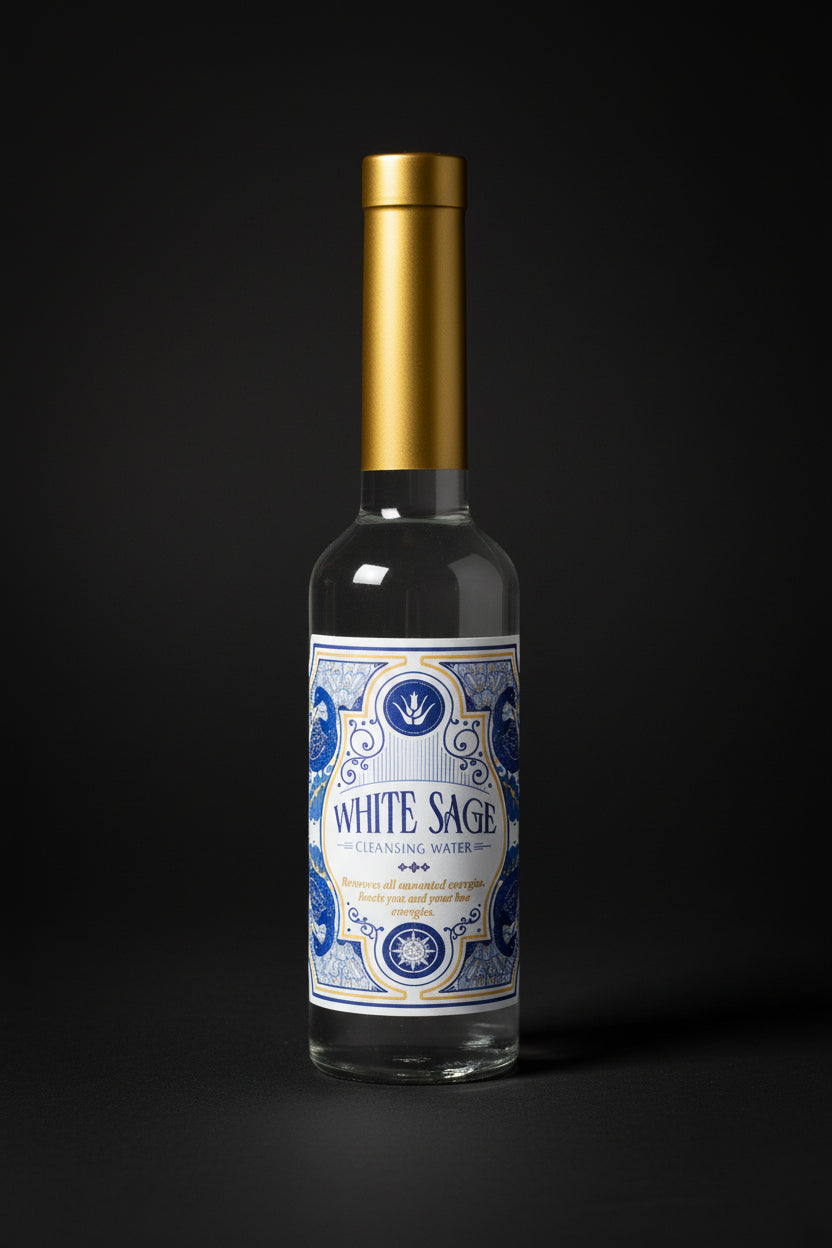 One bottle of 'White Sage' with gold cap on a black background