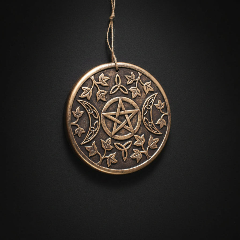 Terracotta wall plaque with pentacle, triple moon symbols, and vine detailing for altar and ritual display.