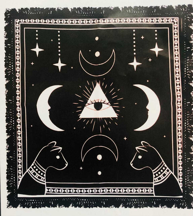 Egyptian Bastet cat altar cloth with prism moon and eye design