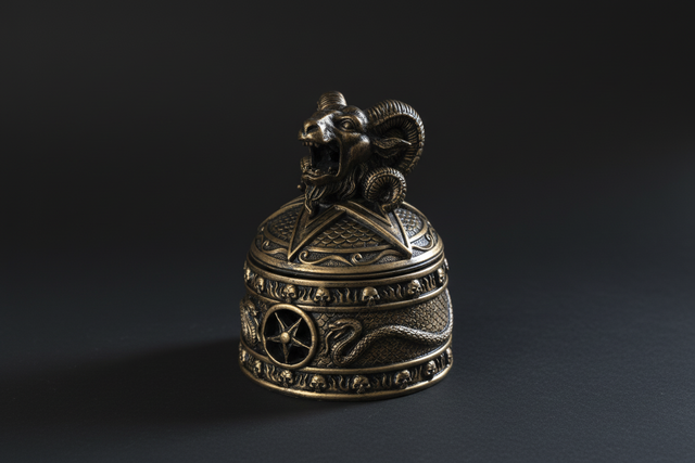 Decorative bronze bell with ram's head on a dark surface