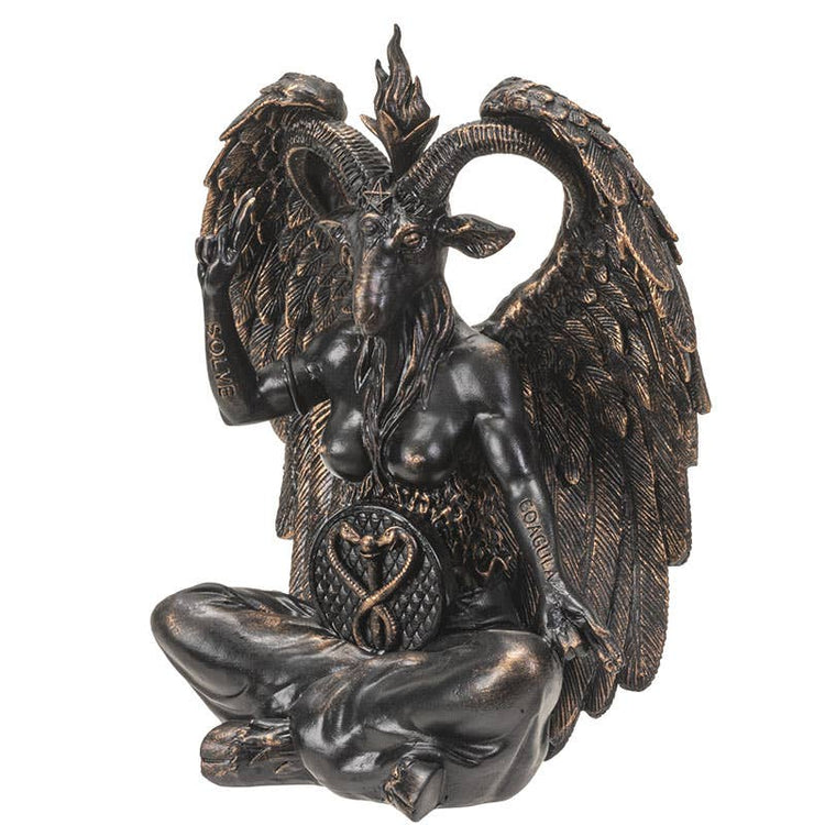 Statue of a winged creature with a prominent emblem on a white background