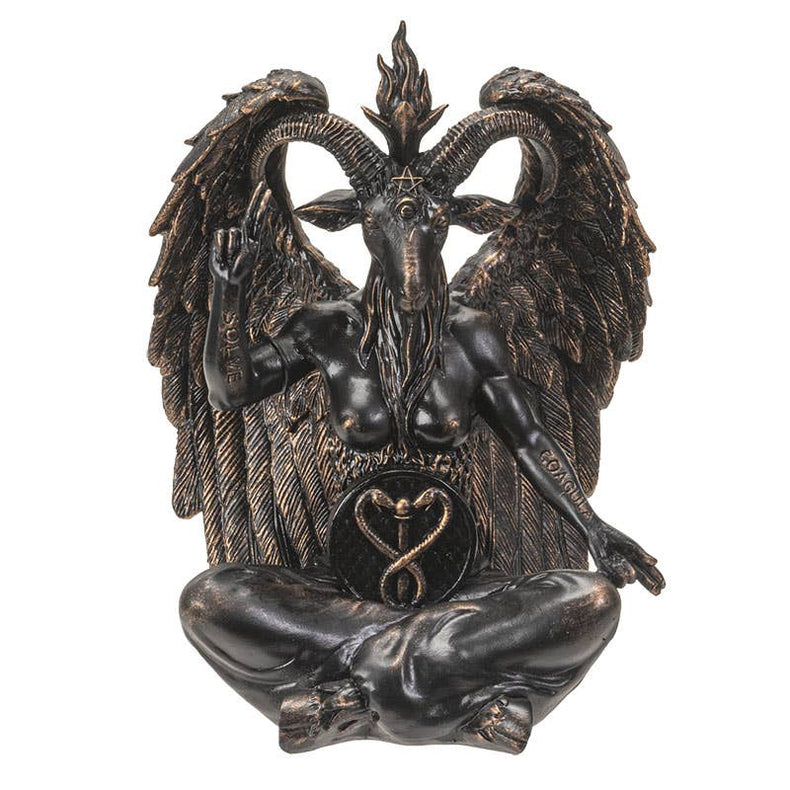 Bronze statue of a winged creature with a heart symbol on a white background